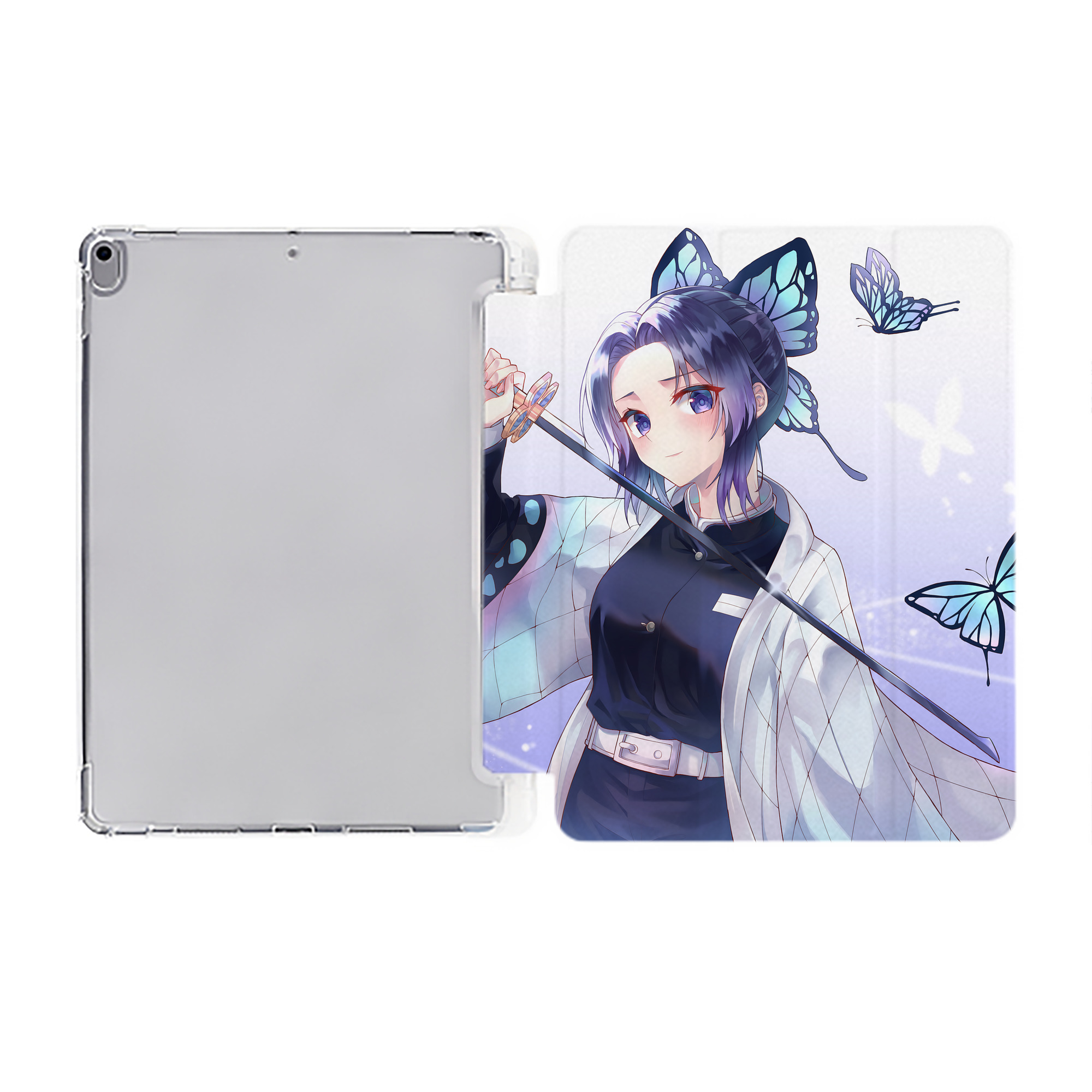 （画像用） 鬼滅の刃（きめつのやいば）蟲柱-胡蝶 しのぶ／こちょう しのぶ Kochou Shinobu IPad ケース ペン収納付き 三つ折りスタンド PUレザー×シリコン 対応機種9.5/10.5/10.9インチ